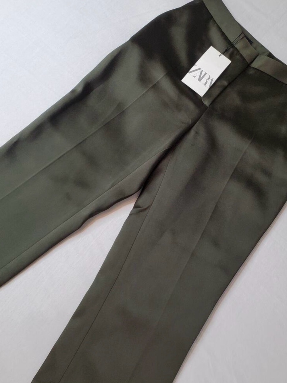 Zara Men's Dark Olive Satin Dress Trousers - Picture 1 of 4